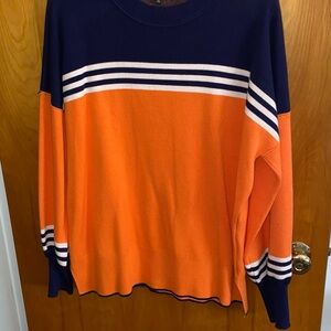 Vibrant Orange and Blue Crewneck Sweater with Bold Stripes
